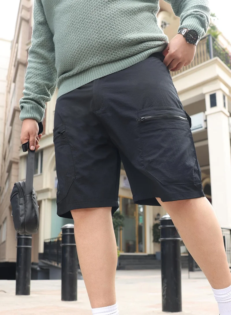 انستافاب بلس Instafab Plus Men Modular-Utility Shorts | Mid-Rise , Elasticated -Waistband | Button Closure , Straight Hem | Solid Textured | Woven Fabric For Street & Casual Wear | Onyx Black