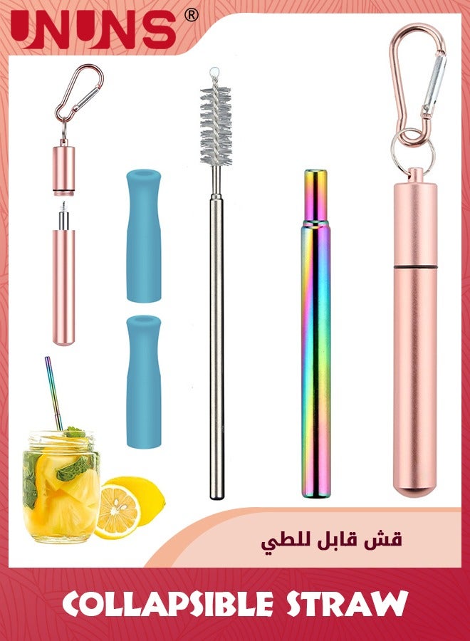 UNUNS Reusable Straws,3 Pack Collapsible Portable Metal Stra,Reusable Foldable Stainless Steel Drinking Travel Telescopic Straw with Case,Clean Brush,Keychain Gifts - Image 1