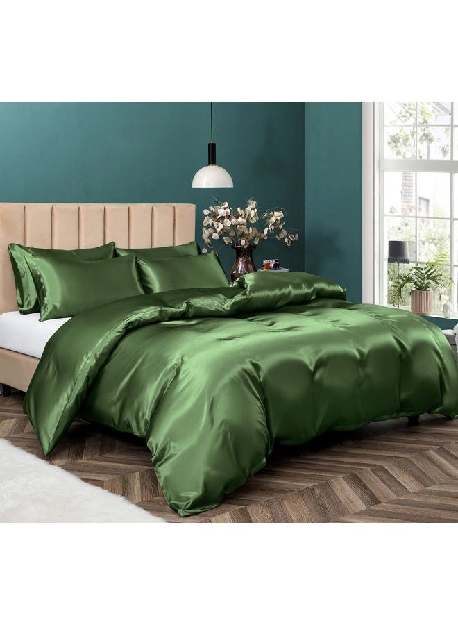 P Pothuiny 5 Pieces Satin Duvet Cover Full/Queen Size Set, Luxury Silky Like Sage Green Duvet Cover Bedding Set with Zipper Closure, 1 Duvet Cover + 4 Pillow Cases (No Comforter) - Image 1