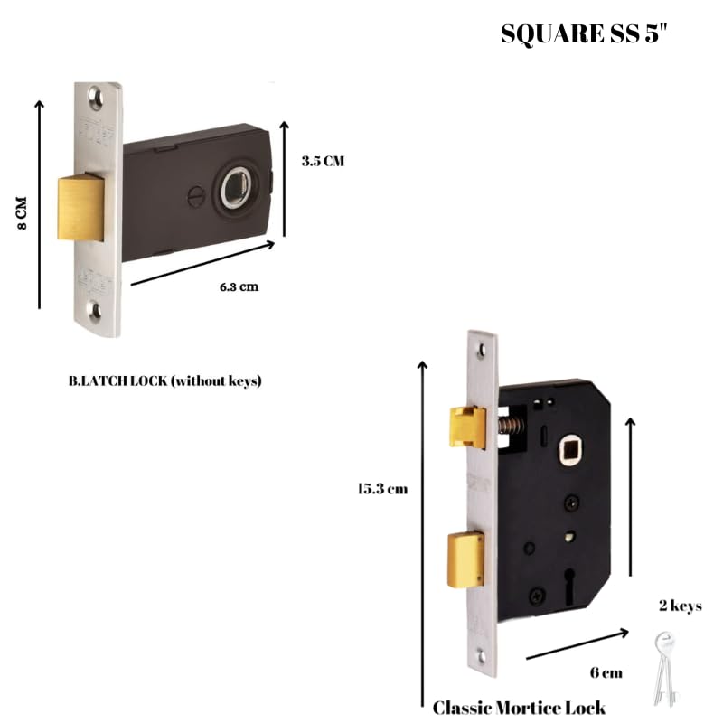 SARDAR Square Stainless Steel Handle | Bathroom and Bedroom Door Handle | Door Handle with Mortice Lock| 2 Keys| Door Latch - Image 5