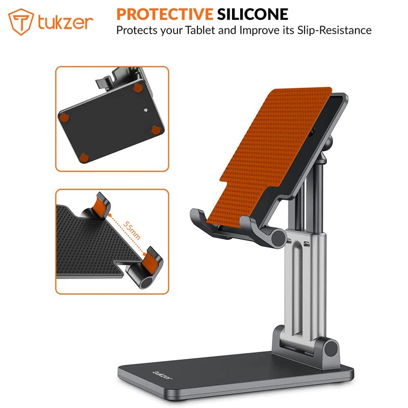 tuKZer Universal Tablet Tabletop Stand Mobile Holder| Dual Poles Heavy Base Aluminum, Foldable, Multi-Angle Height Adjustable Stand for iPad Tablets Smartphones E-Book Readers Up to 15.6 inc Jet Black - Image 4