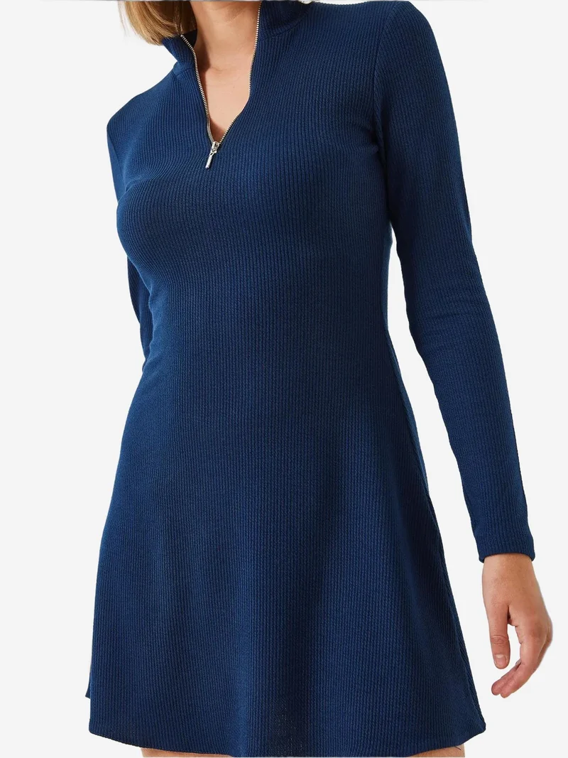 Bianco Lucci Navy Blue LUCCI Ribbed Mini Dress with Zipper Collar for Women | Best Price UAE