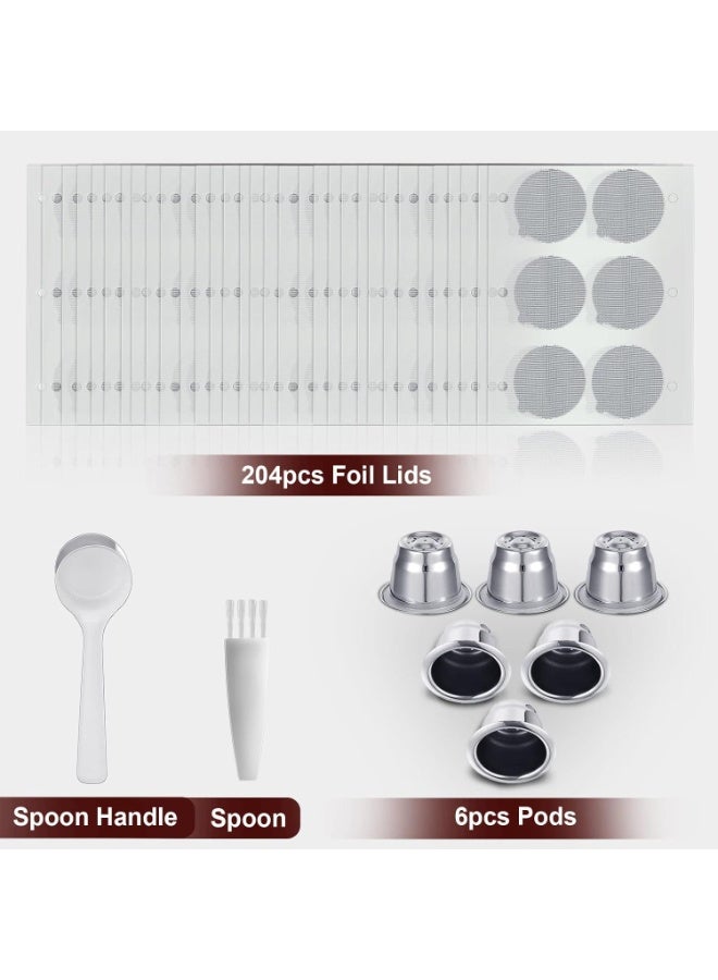 Reusable Espresso Capsules Stainless Steel Refillable Coffee Pods Reusable Espresso Pods with Aluminum Foil Seals Stickers Lids Compatible with Nespresso Machines (6 Cups, 204 Lids) - Image 5