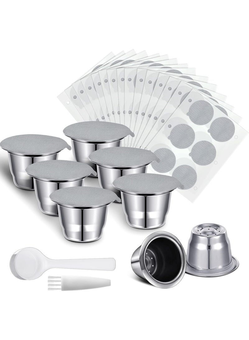 Reusable Espresso Capsules Stainless Steel Refillable Coffee Pods Reusable Espresso Pods with Aluminum Foil Seals Stickers Lids Compatible with Nespresso Machines (6 Cups, 204 Lids) - Image 1