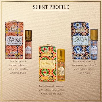 DUKHNI Oud Attar Oil Set by Dukhni Arab perfume oils for men and women 3 assorted roll on perfume scents x 6ml Arabic oudh oil fragrances Eid Ramadan Gift Set Halal Vegan Islamic Fragrances - Image 3