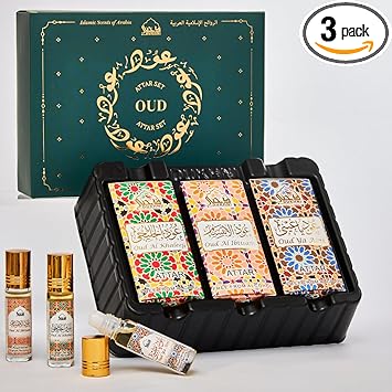 DUKHNI Oud Attar Oil Set by Dukhni Arab perfume oils for men and women 3 assorted roll on perfume scents x 6ml Arabic oudh oil fragrances Eid Ramadan Gift Set Halal Vegan Islamic Fragrances - Image 1