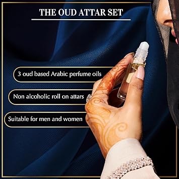 DUKHNI Oud Attar Oil Set by Dukhni Arab perfume oils for men and women 3 assorted roll on perfume scents x 6ml Arabic oudh oil fragrances Eid Ramadan Gift Set Halal Vegan Islamic Fragrances - Image 2