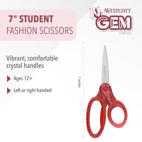Westcott GEM Crystal-Design Scissors for Kids Ages 12+ - Back to School Essentials and Classroom Supplies - 7-Inch Pointed Student Scissors - for Right- or Left-Handed Use - Pink - 1 Pack - Image 2