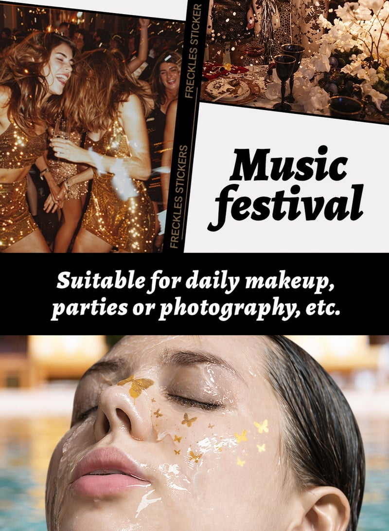 6 Pack Freckles Temporary Tattoo Face Stickers Waterproof Natural Looking Fake Freckles Makeup Stickers Glitter Star Butterfly Face Decals Easy Apply Long Lasting Party Stage Festival Women Makeup Accessory - Image 3