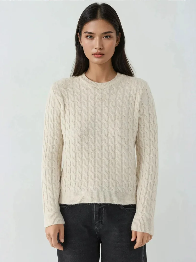 HICCUP Thick Hair Braid Knit Sweater with Crew Neck