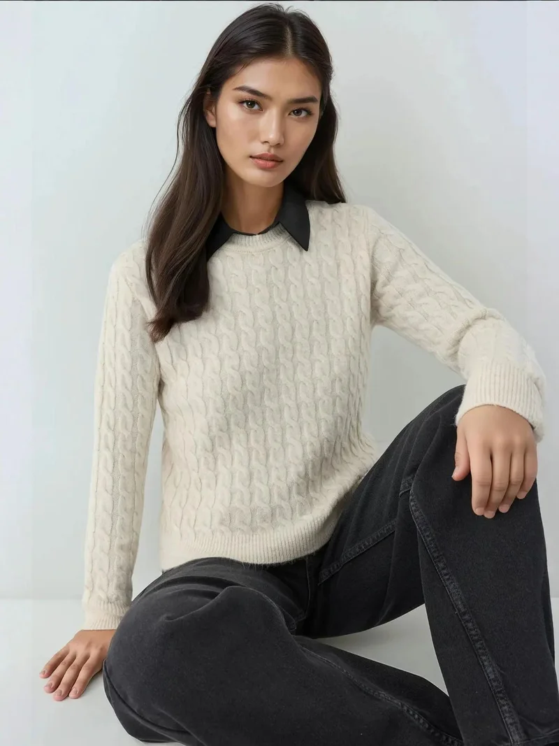 HICCUP Thick Hair Braid Knit Sweater with Crew Neck