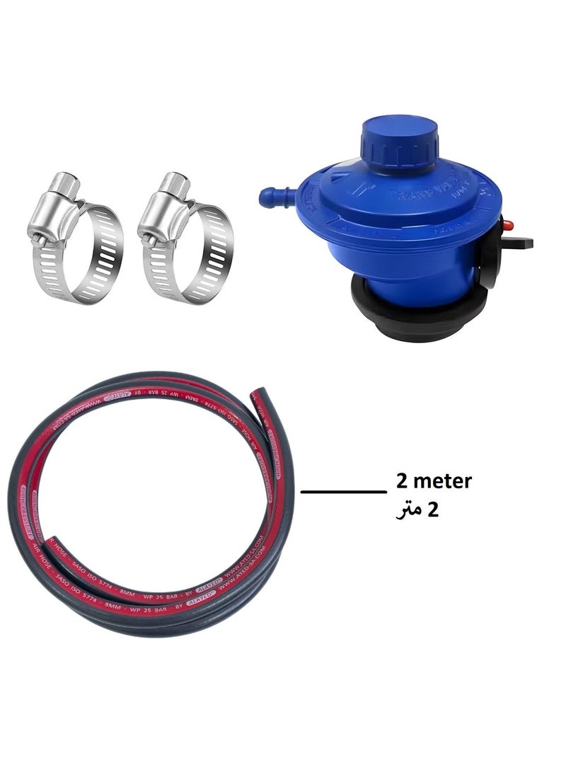 LPG Gas Cylinder Regulator with Hose (2 m 8 mm) and stainless steel clip 2 Piece - Image 1