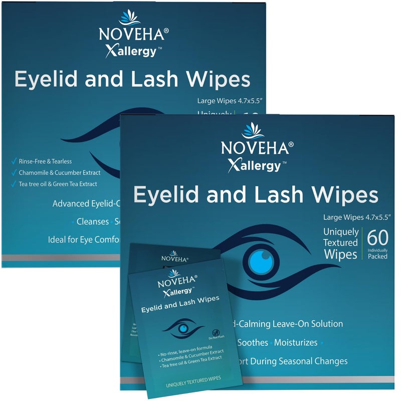 NOVEHA 120Pcs Allergy Relief Eyelid Wipes  Premoistened Hypoallergenic Eye Cleansing Pads Reduce Itchiness Redness  Discomfort Caused By Allergy Clean Soothe  Remove Debris 2 Pack