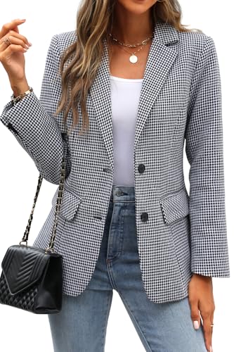 ELLEVEN Womens Casual Plaid Blazer Lapel Collar Double Button Long Sleeve Boyfriend Blazer Suit Houndstooth Plaid Blazer Jacket Business Work Office Blazer Suits Black Houndstooth Large - Image 1