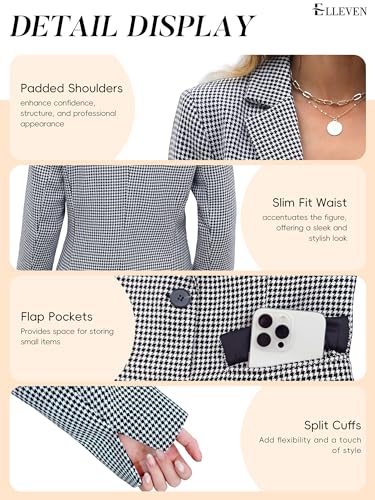 ELLEVEN Womens Casual Plaid Blazer Lapel Collar Double Button Long Sleeve Boyfriend Blazer Suit Houndstooth Plaid Blazer Jacket Business Work Office Blazer Suits Black Houndstooth Large - Image 5
