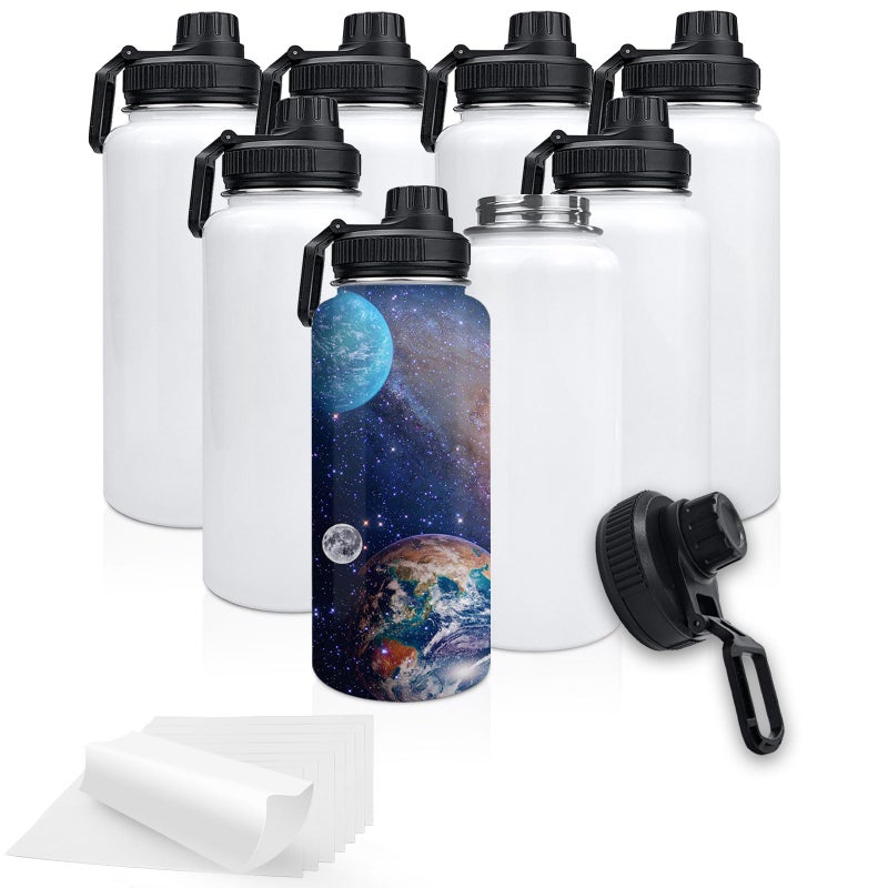 XccMe 32oz Stainless Steel Sublimation Sports Water BottleInsulated Thermos Mugs with Shrink Wrap Films and Wide Mouth LidDouble Wall Vacuum Tumbler Keeps Liquids Hot or Cold White 8 PACK
