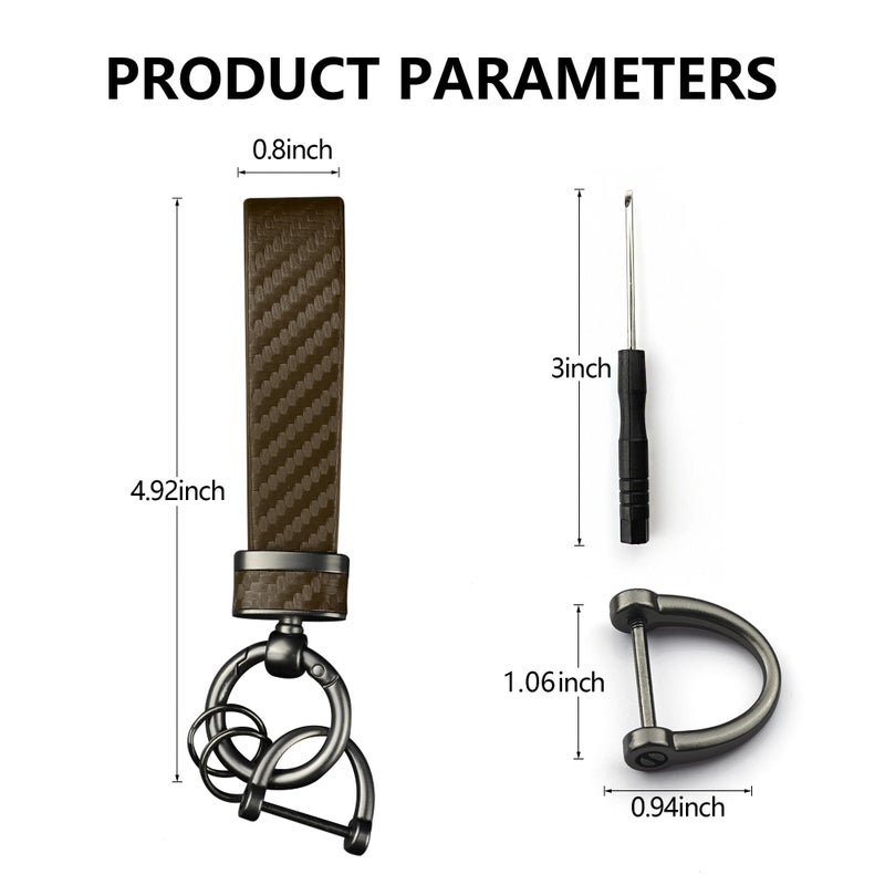Turcee Carbon Fiber Car Keychain Automotive Interior Accessories Keychains Leather Car Key Fob Car Accessories Key Ring&Anti-Lost D-Ring(Brown) - Image 2