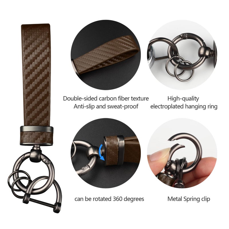 Turcee Carbon Fiber Car Keychain Automotive Interior Accessories Keychains Leather Car Key Fob Car Accessories Key Ring&Anti-Lost D-Ring(Brown) - Image 4