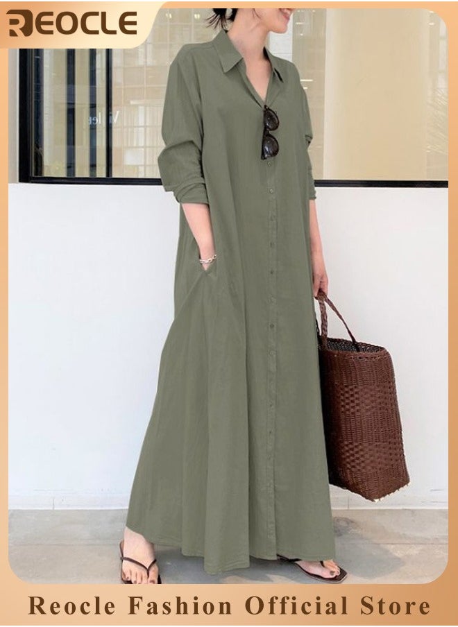 REOCLE - Women's Shirt Dress with Basic Loose Fit Solid Color Long Sleeved Simple Casual Long Dress Slim Dress with Pockets - Image 1