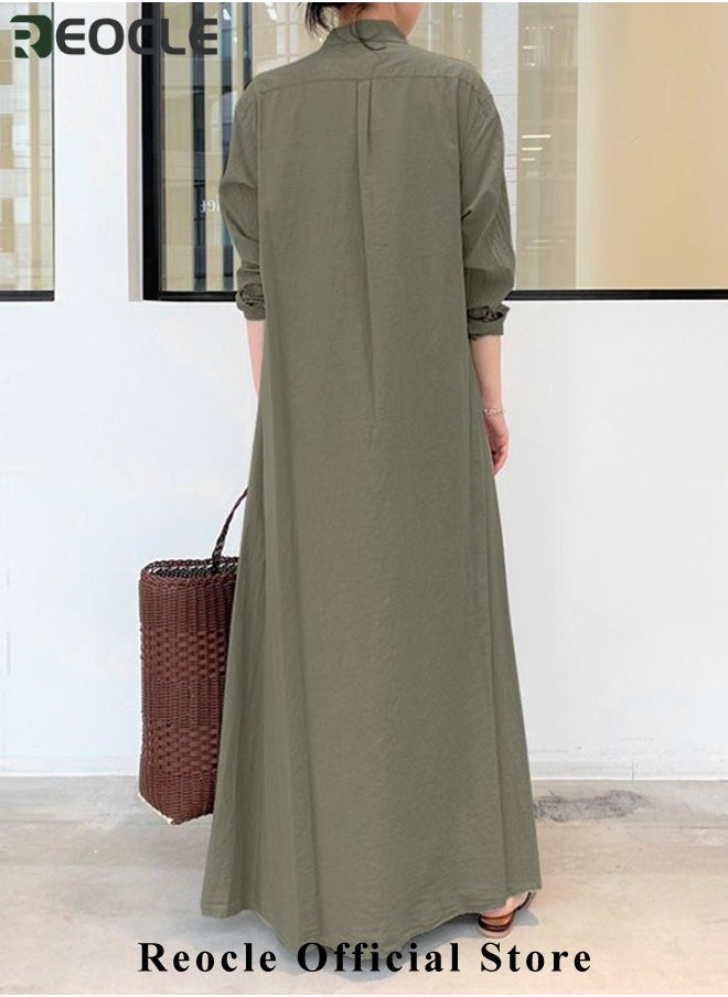 REOCLE - Women's Shirt Dress with Basic Loose Fit Solid Color Long Sleeved Simple Casual Long Dress Slim Dress with Pockets - Image 1
