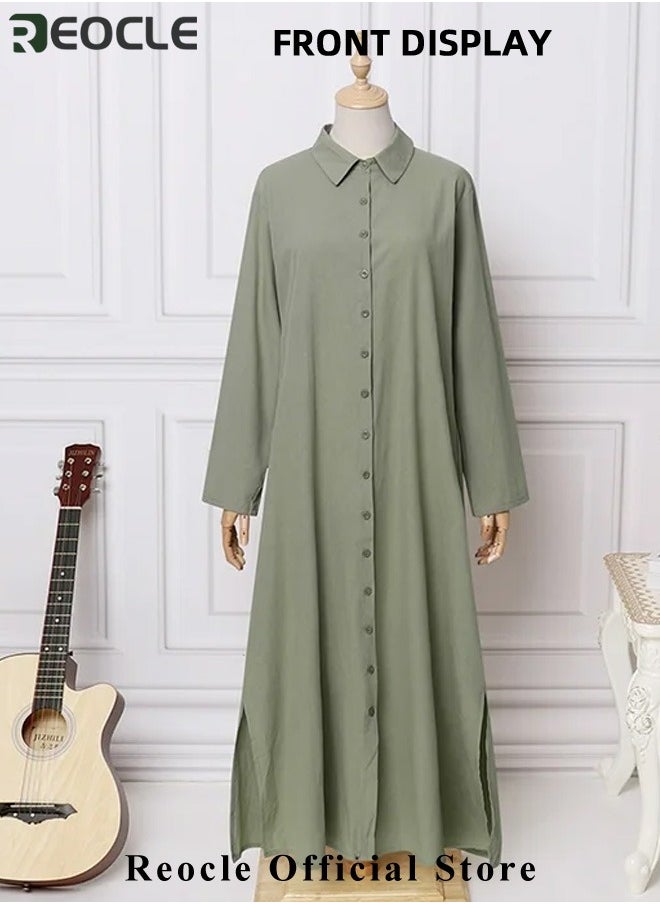 REOCLE - Women's Shirt Dress with Basic Loose Fit Solid Color Long Sleeved Simple Casual Long Dress Slim Dress with Pockets - Image 1