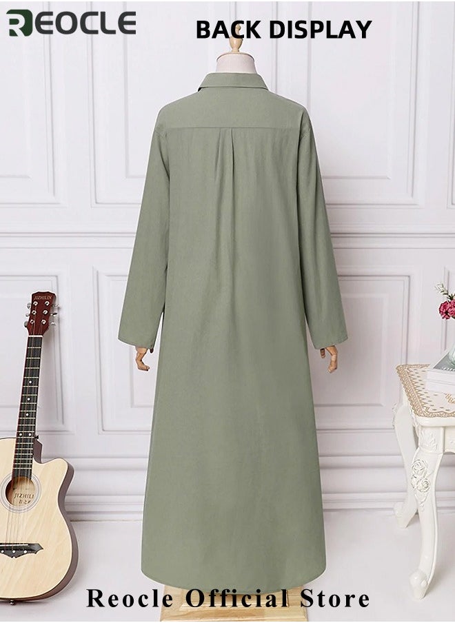 REOCLE - Women's Shirt Dress with Basic Loose Fit Solid Color Long Sleeved Simple Casual Long Dress Slim Dress with Pockets - Image 1