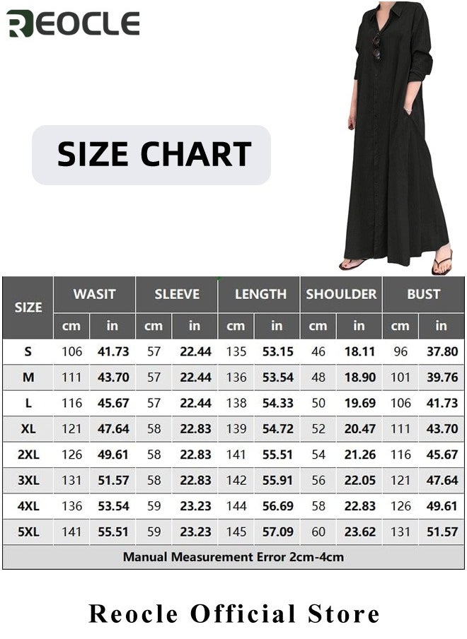 REOCLE - Women's Shirt Dress with Basic Loose Fit Solid Color Long Sleeved Simple Casual Long Dress Slim Dress with Pockets - Image 1