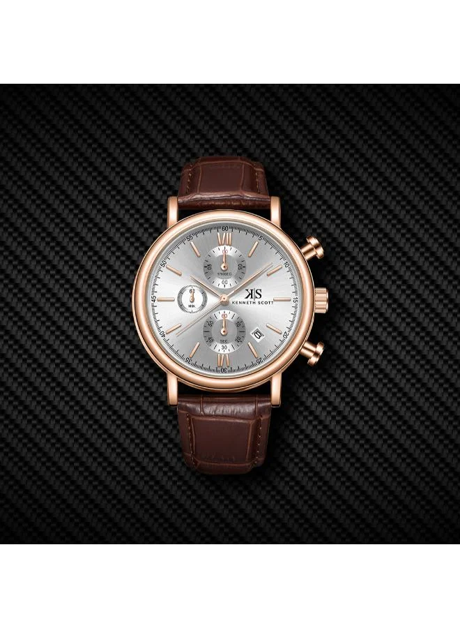 Kenneth Scott white Men's Genuine Leather  Chrono & Multi Function Watch K23151-RLDW - 43 mm for Men | Best Price UAE
