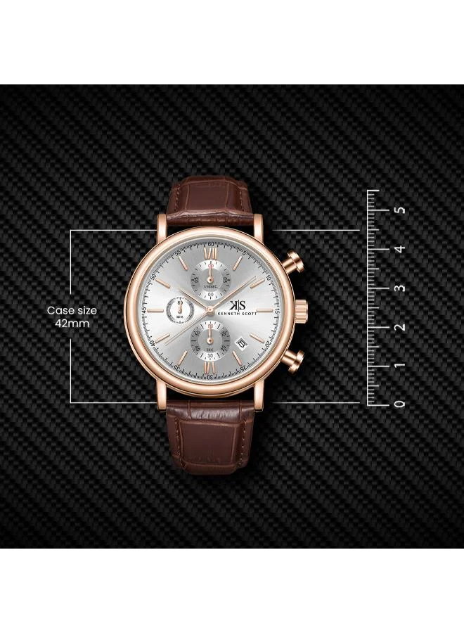 Kenneth Scott white Men's Genuine Leather  Chrono & Multi Function Watch K23151-RLDW - 43 mm for Men | Best Price UAE