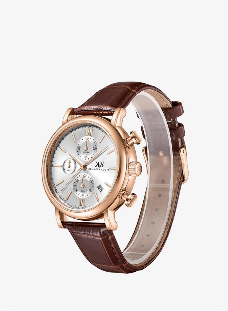 KENNETH SCOTT Men's Genuine Leather  Chrono & Multi Function Watch K23151-RLDW - 43 mm