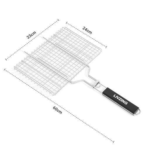 Livzing Portable Barbecue Grill Foldable BBQ Basket Non Stick Iron Grilling Net Basket Roast Grilling-Powder Coated with Wooden Handle-Grilling Fish Steak Seafood-Outdoor Kitchen Tool - Image 2