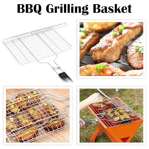 Livzing Portable Barbecue Grill Foldable BBQ Basket Non Stick Iron Grilling Net Basket Roast Grilling-Powder Coated with Wooden Handle-Grilling Fish Steak Seafood-Outdoor Kitchen Tool - Image 4