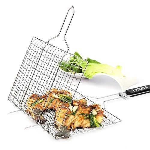 Livzing Portable Barbecue Grill Foldable BBQ Basket Non Stick Iron Grilling Net Basket Roast Grilling-Powder Coated with Wooden Handle-Grilling Fish Steak Seafood-Outdoor Kitchen Tool - Image 1
