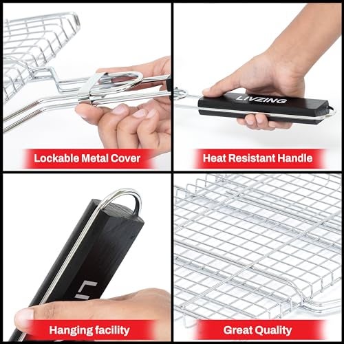 Livzing Portable Barbecue Grill Foldable BBQ Basket Non Stick Iron Grilling Net Basket Roast Grilling-Powder Coated with Wooden Handle-Grilling Fish Steak Seafood-Outdoor Kitchen Tool - Image 3