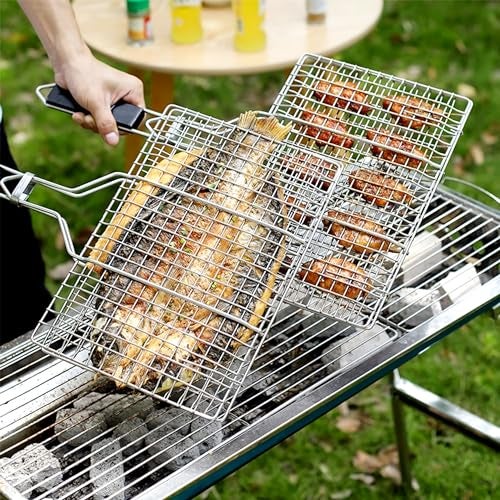 Livzing Portable Barbecue Grill Foldable BBQ Basket Non Stick Iron Grilling Net Basket Roast Grilling-Powder Coated with Wooden Handle-Grilling Fish Steak Seafood-Outdoor Kitchen Tool - Image 5
