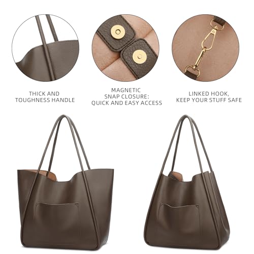 KKXIU Tote Bag for Women Vegan Leather Shoulder Purse Large Capacity Travel Bag - Khaki - Image 4
