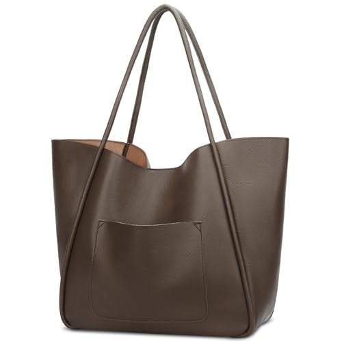 KKXIU Tote Bag for Women Vegan Leather Shoulder Purse Large Capacity Travel Bag - Khaki - Image 1