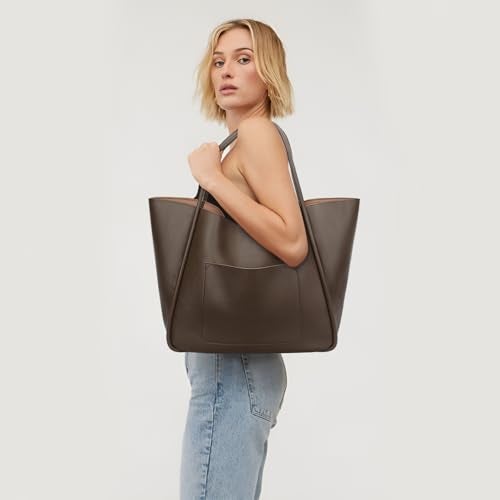KKXIU Tote Bag for Women Vegan Leather Shoulder Purse Large Capacity Travel Bag - Khaki - Image 2