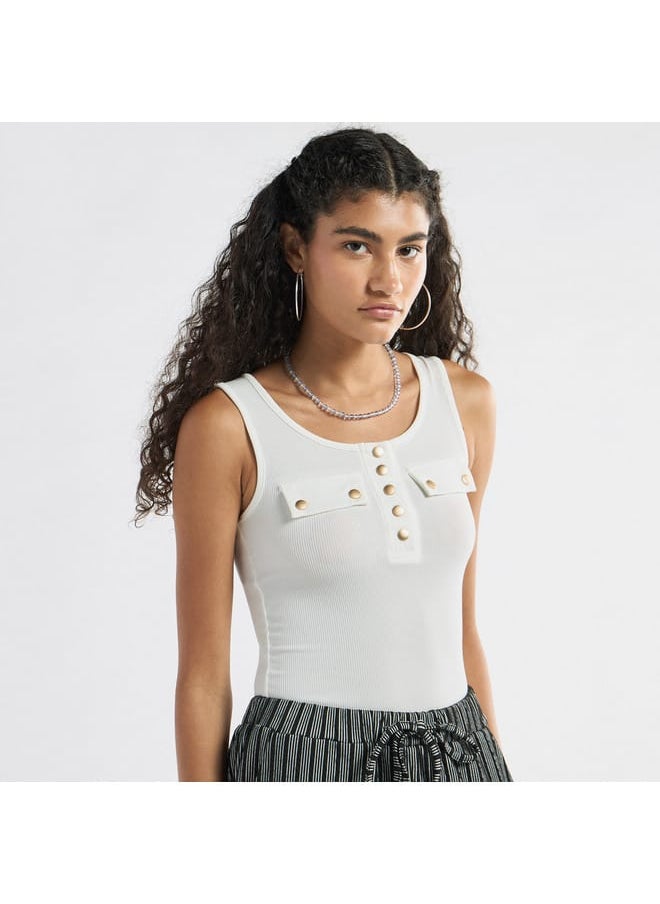 FAV Ribbed Tank Top with Round Neck and Flap Detail  - Image 1