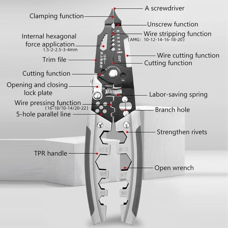 MySouqEg - Store - (1pcs) - Obedient 28-IN-1 Wire Stripper and Cutter Multifunctional Tool Chromium Vanadium Steel Cutting Crimping for Electrician, Stainless Puller Plier (19 cm / 7.5 in) - Image 4