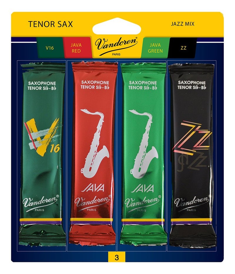 Vandoren SRMIXT3 Tenor Sax Jazz Reed Mix Card includes 1 each ZZ, V16, JAVA and JAVA Red Strength 3 - Image 1