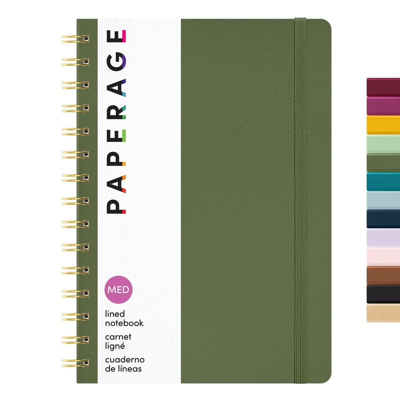 PAPERAGE Lined Spiral Journal Notebook, (Olive Green), 160 Pages, Hardcover Journal for Women & Men, Medium 5.5 in x 8 in - 100 GSM, Thick Paper, Spiral Notebook for Work, School & Journaling - Image 1