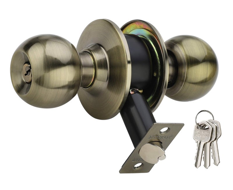 Met Craft Room Door Knob Lock - with 3 Brass Key Cylindrical Lock for Bedroom/Main Door/Tubular Door Knob/Handle (Antique Brass, 60 mm Backset) - Image 1