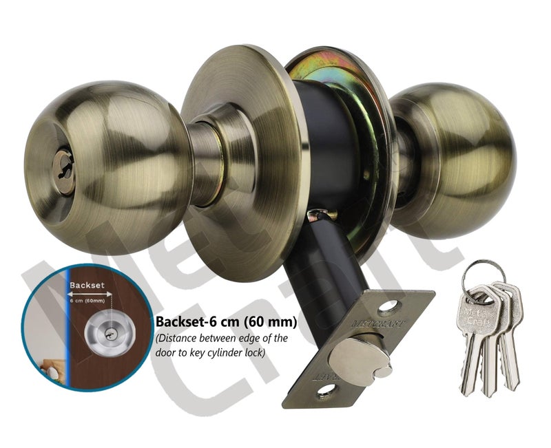 Met Craft Room Door Knob Lock - with 3 Brass Key Cylindrical Lock for Bedroom/Main Door/Tubular Door Knob/Handle (Antique Brass, 60 mm Backset) - Image 3