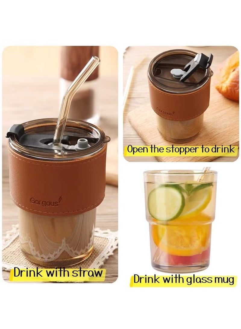 جورجس كوب زجاجي مقاوم للحرارة مع غطاء جلد مناسب للشاي والماء والقهوة والحليب والمشروبات ومزود بغطاء علوي مقاوم للتسرب وماصة - Image 2