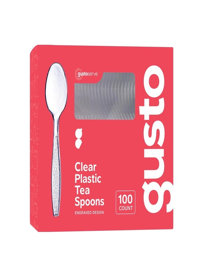 Gusto Comfy Package [100 Pack] Heavyweight Clear Plastic Tea Spoons with Engraved Design - Disposable Sturdy Plastic Utensils for Parties, Weddings, and Events - Image 1