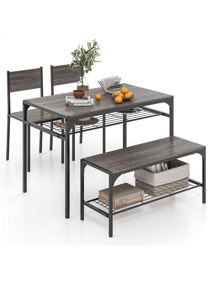 4-Piece Industrial Dining Table Set with 2 Chairs & Bench, Gray Kitchen & Dining Room Seating Set with Storage Shelves, Metal Frame, Space-Saving Compact Table for Small Apartments and Modern Homes - Image 1