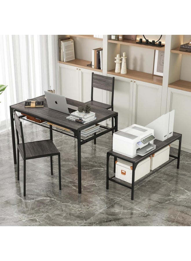 4-Piece Industrial Dining Table Set with 2 Chairs & Bench, Gray Kitchen & Dining Room Seating Set with Storage Shelves, Metal Frame, Space-Saving Compact Table for Small Apartments and Modern Homes - Image 2