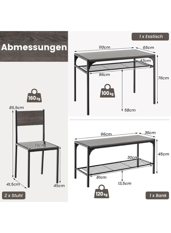 4-Piece Industrial Dining Table Set with 2 Chairs & Bench, Gray Kitchen & Dining Room Seating Set with Storage Shelves, Metal Frame, Space-Saving Compact Table for Small Apartments and Modern Homes - Image 3