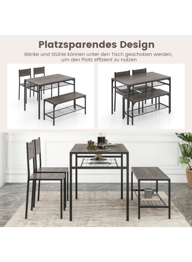 4-Piece Industrial Dining Table Set with 2 Chairs & Bench, Gray Kitchen & Dining Room Seating Set with Storage Shelves, Metal Frame, Space-Saving Compact Table for Small Apartments and Modern Homes - Image 4